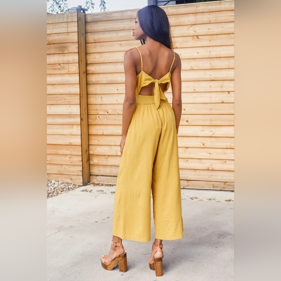 Lulus Coastal Air Mustard Yellow Striped Tie-Back Culotte Jumpsuit - Picture 4 of 9
